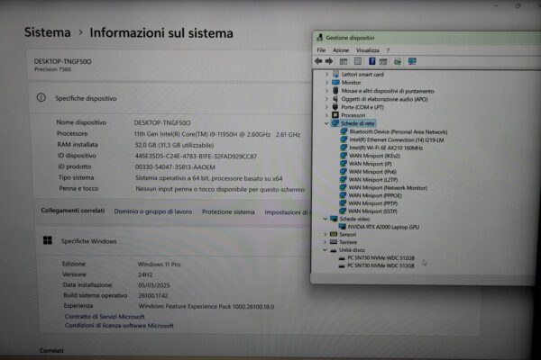 Dell Precision 7650 4K Intel Core i9 RAM 32GB SSD 1TB Nvidia Quadro RTX A2000 ricondizionato schermata caratteristiche